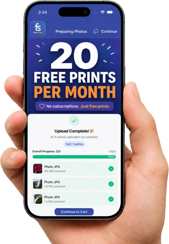 FreeSnaps photo printing app on a mobile phone
