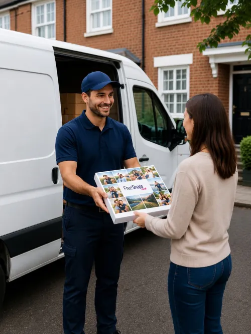 FreeSnaps photo products delivered to a customer's door across the UK